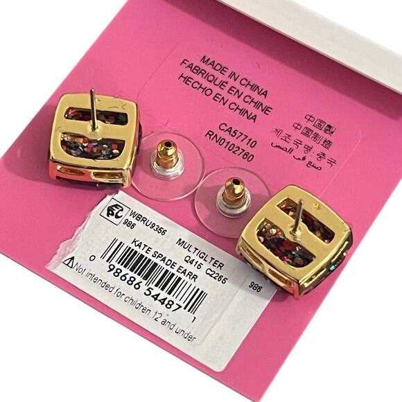 Kate Spade Glitter Crystal Square Gold Tone Stud Earrings Multicolor Rainbow NWT - Picture 4 of 5
